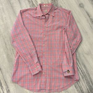 Peter Millar Dress Button Up Shirt size Large Pink Plaid The Country Club